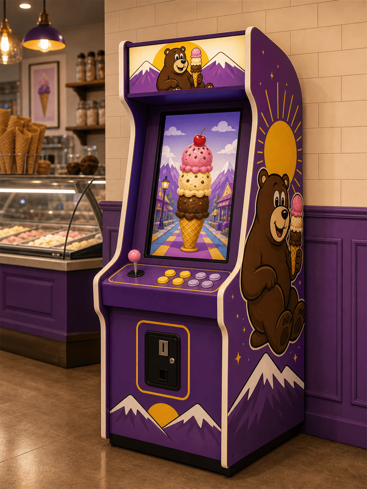 Concept render of a Glacier-branded arcade machine standing in the ice cream parlor