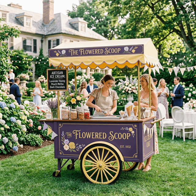 Vintage ice cream cart at a sunny garden party
