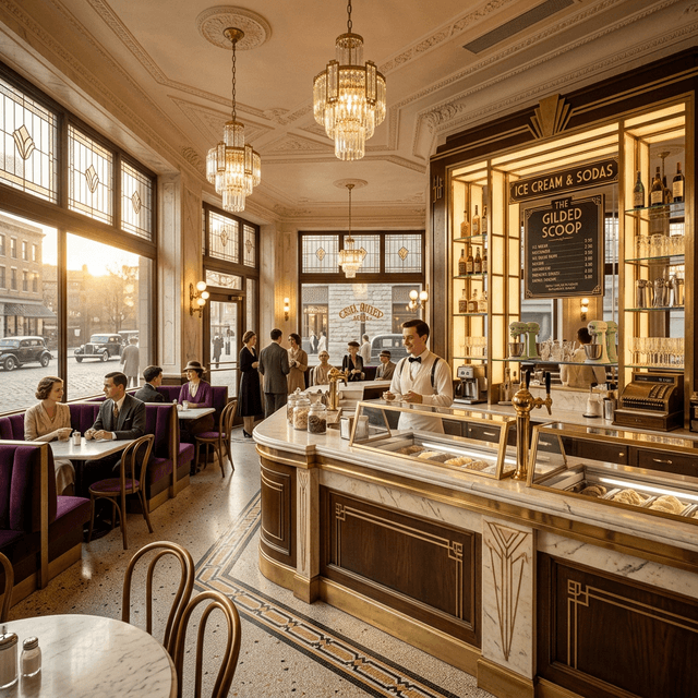 Interior of Glacier Ice Cream's vintage inspired 1930s parlor