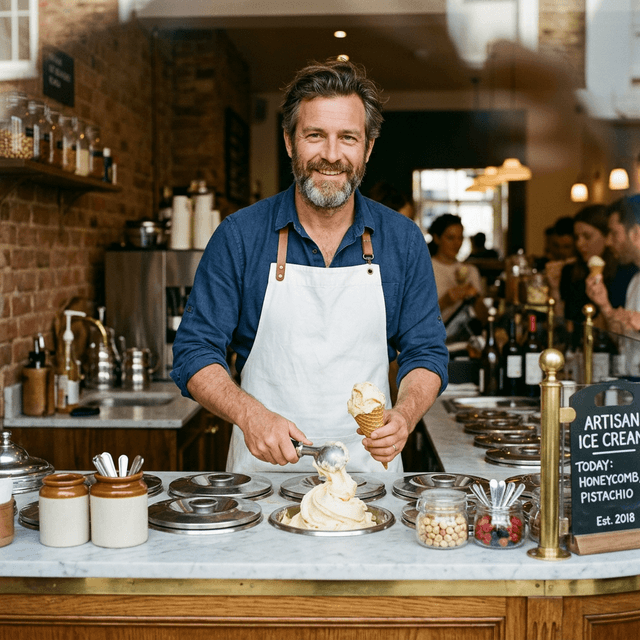 Tony, founder of Glacier Ice Cream, standing behind the counter